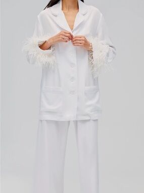 NWT SLEEPER Brand White Feather-Trim Satin Pajama Set (size Small)